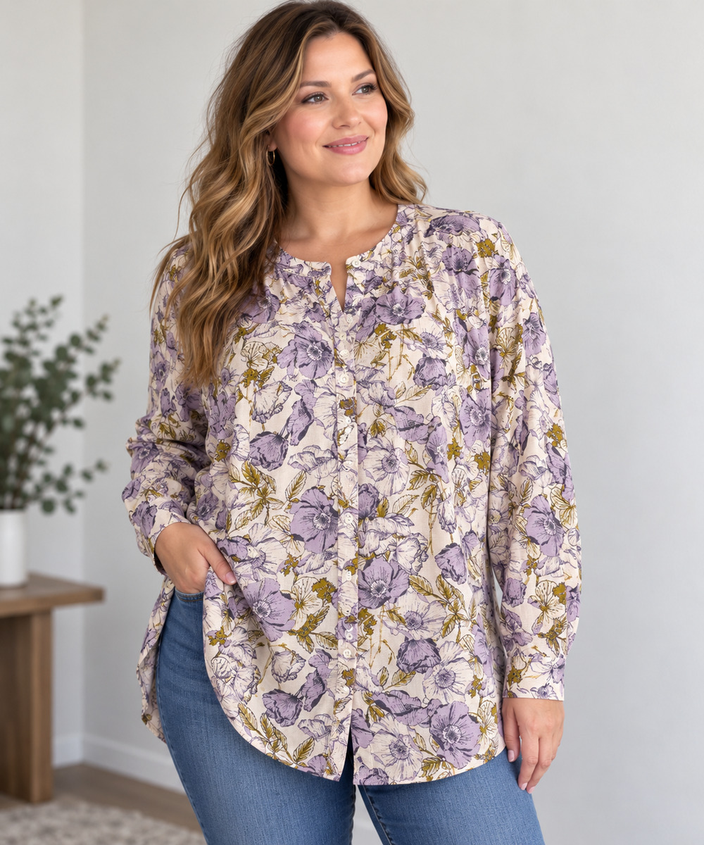 Duluth Trading Co Womens XL Floral Tunic Blouse Purple Cotton Stretch Pockets